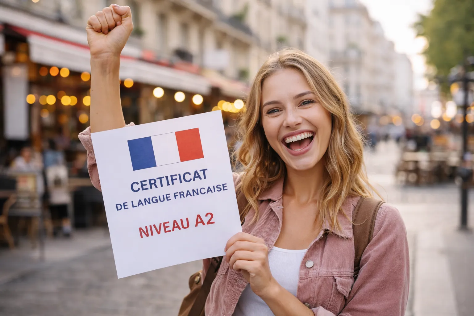 Estudiante celebrando haber alcanzado nivel A2 de francés
